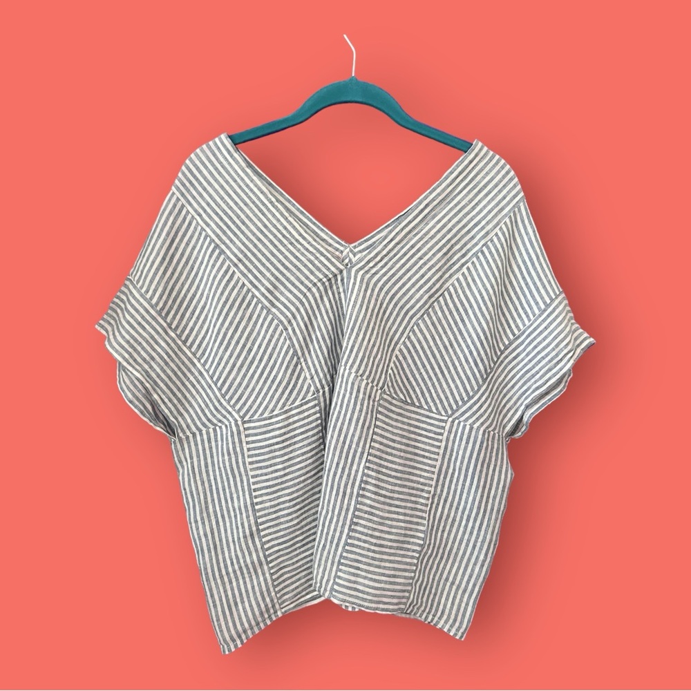 TAHARI Blue And WhiteStriped Top,  Loose Fit, 100% Linen, Size Medium. - Picture 5 of 7